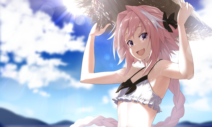 1boy :d absurdres androgynous astolfo_(fate) bikini bikini_top black_bow black_ribbon blue_sky bow braid cloud commentary_request fang fate/apocrypha fate_(series) hair_bow hair_intakes hair_ribbon hat highres holding holding_clothes holding_hat lens_flare long_braid long_hair looking_at_viewer male_focus multicolored_hair open_mouth otoko_no_ko pink_hair purple_eyes ribbon single_braid skin_fang sky smile solo straw_hat streaked_hair sun sunlight sweatdrop swimsuit takatun223 white_hair