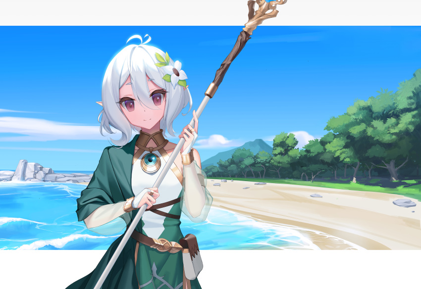1girl absurdres acid_g antenna_hair beach blue_sky closed_mouth cloud detached_sleeves flower hair_between_eyes hair_flower hair_ornament highres holding holding_staff kokkoro_(princess_connect!) looking_at_viewer ocean outdoors pointy_ears princess_connect! princess_connect!_re:dive red_eyes sand see-through_sleeves short_hair sky smile solo staff white_hair
