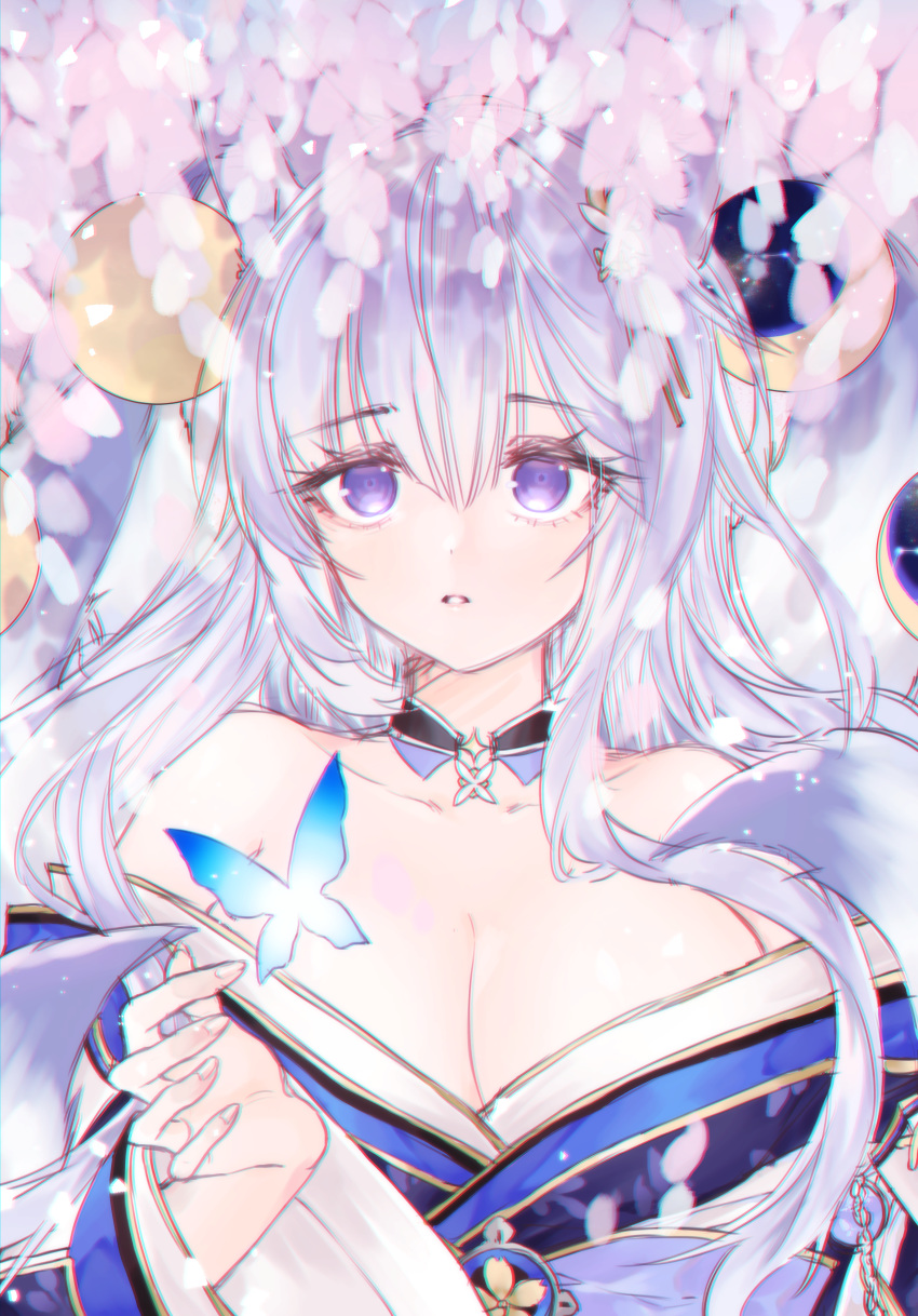 1girl absurdres animal_ear_fluff animal_ears artist_request azur_lane bare_shoulders blue_butterfly blue_kimono breasts detached_sleeves eyebrows_visible_through_hair highres huge_filesize japanese_clothes kimono large_breasts long_hair looking_at_viewer off-shoulder_kimono purple_eyes shinano_(azur_lane) silver_hair solo wide_sleeves