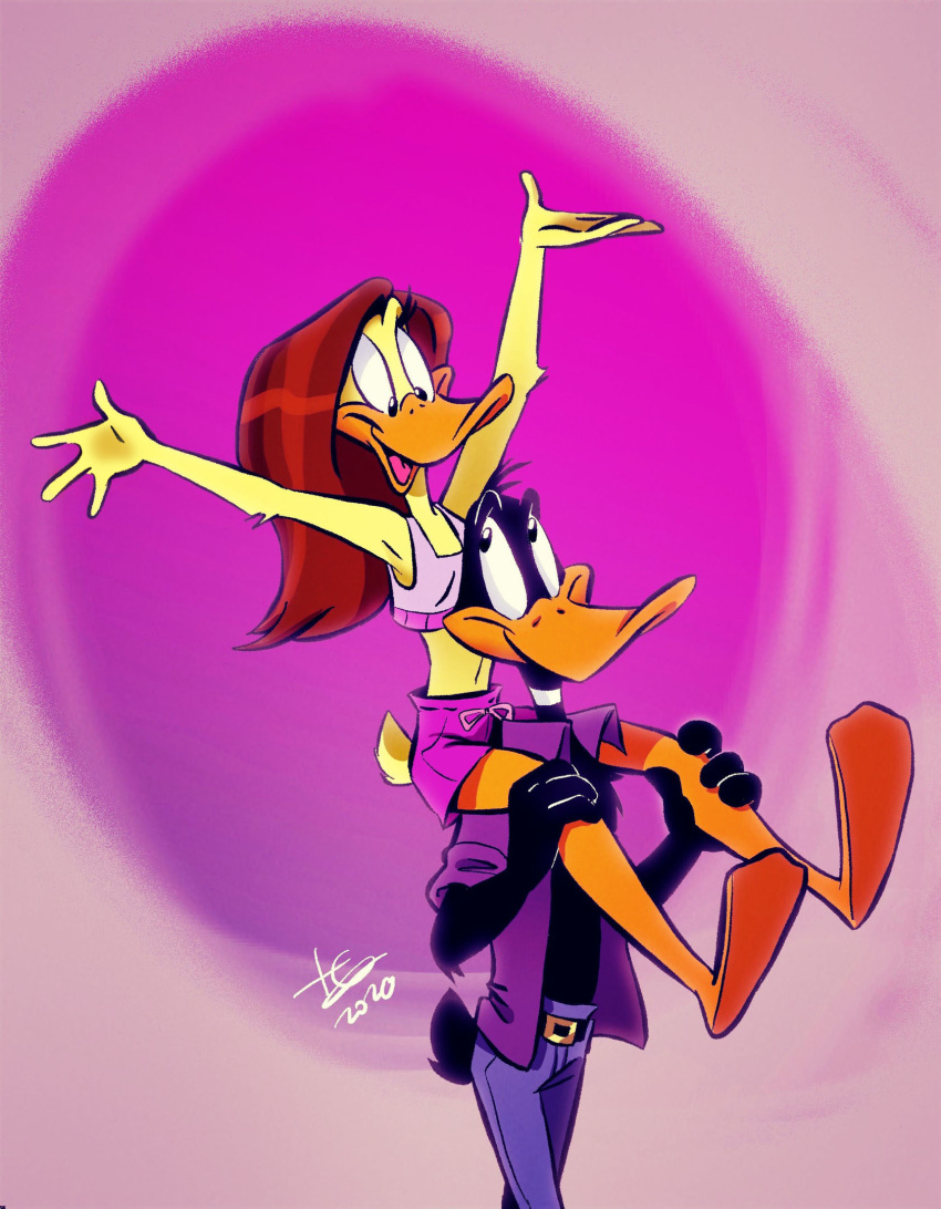 anatid anseriform anthro avian bird bottomwear clothing daffy_duck duck duo female hi_res juneduck21 looney_tunes male shorts warner_brothers