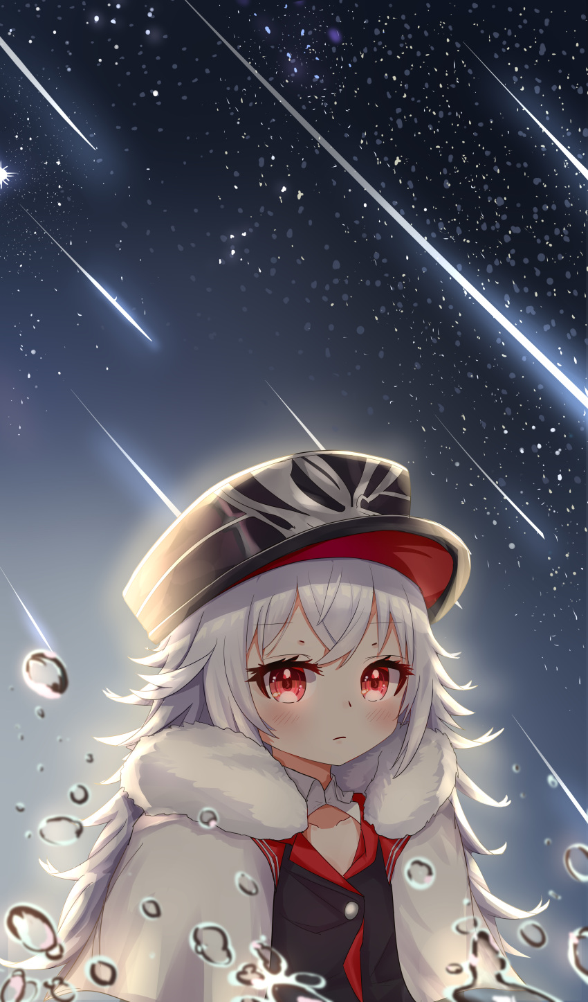 1girl absurdres azur_lane backlighting bangs black_headwear black_shirt blush cape closed_mouth collarbone commentary_request crossed_bangs eyebrows_visible_through_hair fur-trimmed_cape fur_trim hair_between_eyes hat highres long_hair looking_at_viewer meteor_shower military_hat multicolored multicolored_cape multicolored_clothes n_(527959851) night night_sky peaked_cap red_eyes shirt sidelocks silver_hair sky solo standing star_(sky) starry_sky upper_body very_long_hair water_drop white_cape zeppelin-chan_(azur_lane)