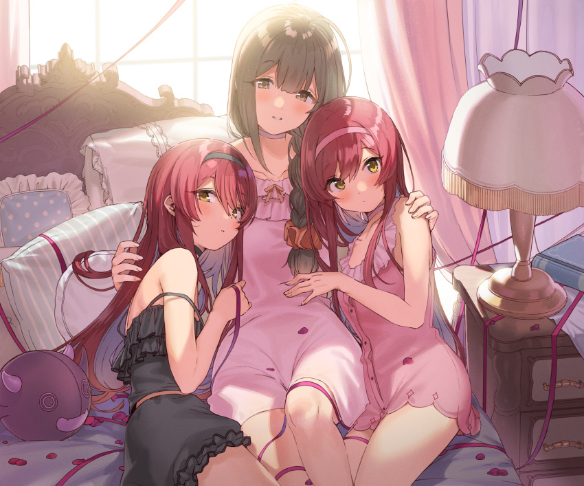 3girls backlighting bangs bare_arms bare_shoulders bed bed_frame black_hairband blush book braid camisole choker closed_mouth collarbone curtains drawer eyebrows_visible_through_hair hair_ornament hair_over_shoulder hair_scrunchie hairband hand_on_another's_shoulder head_mounted_display head_tilt highres idolmaster idolmaster_shiny_colors indoors kanzarin_(hoochikiss) knee_up kuwayama_chiyuki lamp long_hair lying multiple_girls nightgown nightstand on_back on_bed on_side oosaki_amana oosaki_tenka parted_lips pillow pink_choker pink_hairband red_hair scrunchie siblings single_braid sisters sleeveless smile strap_slip swept_bangs twins very_long_hair window yellow_eyes