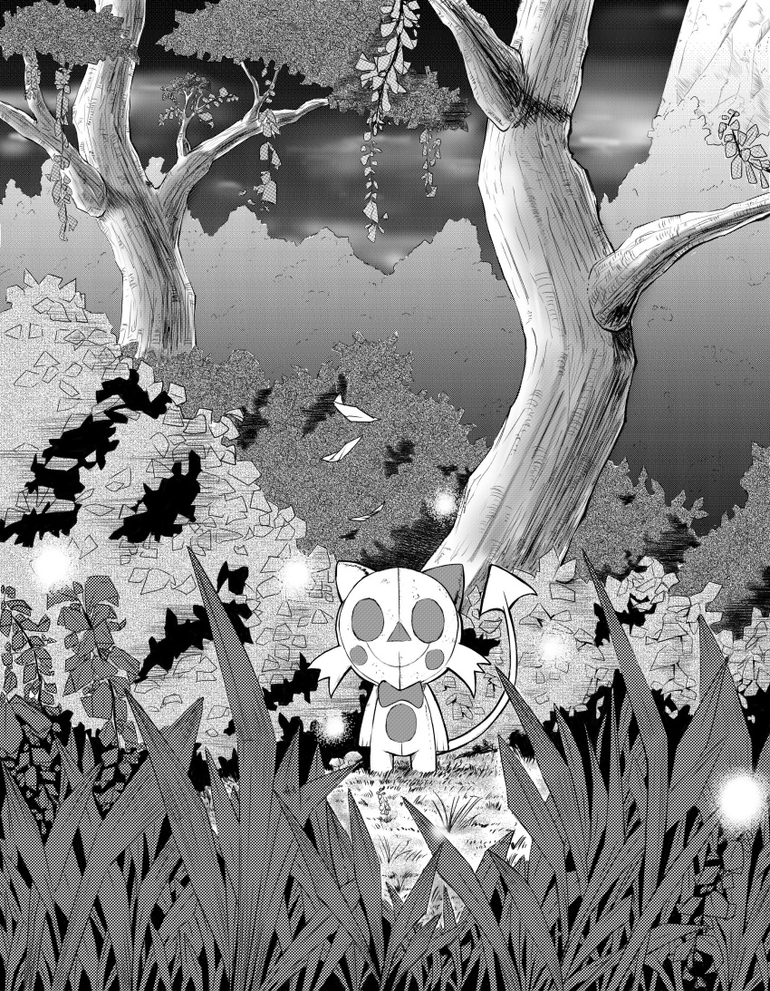 absurd_res ambiguous_gender anthro black_and_white bow_tie branch comic domestic_cat falling_leaves felid feline felis forest grass greyscale hi_res leaf looking_at_viewer mammal manga manga_style mask masquiti_(nexomon) monochrome nexomon nexomon_(species) plant smile smiling_at_viewer soldracos_(artist) solo solo_focus spade_tail standing tall_grass tree