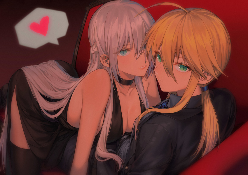 2girls absurdres ahoge all_fours aqua_eyes artoria_pendragon_(all) artoria_pendragon_(lancer) black_legwear blonde_hair braid breasts choker cleavage dress fate/grand_order fate_(series) formal from_side green_eyes hair_between_eyes heart highres large_breasts long_hair looking_at_viewer low_ponytail lying morgan_le_fay_(fate) multiple_girls parted_lips side_braid side_slit sidelocks silver_hair spoken_heart suit thighhighs yorukun yuri