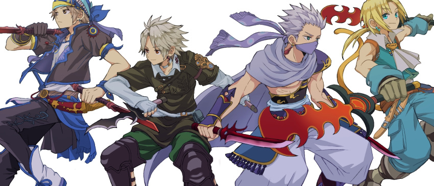 4boys bandana bandana_over_mouth blonde_hair blue_eyes boots brown_eyes commentary_request dagger dissidia_final_fantasy dissidia_final_fantasy_opera_omnia dual_wielding earrings edward_geraldine final_fantasy final_fantasy_iv final_fantasy_ix final_fantasy_vi final_fantasy_xiv fingerless_gloves gloves highres holding ichi_(pixiv6373491) jewelry knife lock_cole male_focus multiple_boys necklace ninja ponytail simple_background spiked_hair thancred_waters thief trait_connection weapon white_background white_hair zidane_tribal