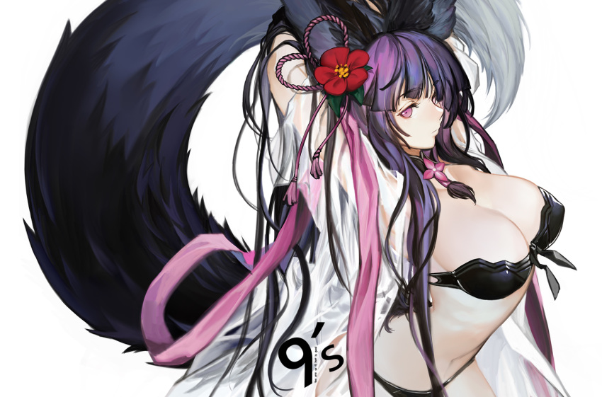 1girl animal_ears arms_up baby.g bangs bikini black_bikini breasts cleavage closed_mouth commentary_request erune eyebrows_visible_through_hair flower granblue_fantasy hair_ornament hibiscus highres large_breasts long_hair looking_at_viewer purple_eyes purple_hair see-through simple_background solo swimsuit tail thighs white_background yuel_(granblue_fantasy)