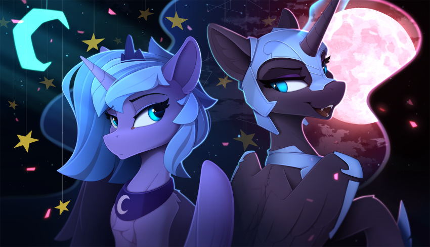 2020 armor digital_media_(artwork) duo equid eyebrows fangs female feral friendship_is_magic full_moon fur hasbro headgear helmet hi_res horn mammal moon my_little_pony nightmare_moon_(mlp) open_mouth princess_luna_(mlp) winged_unicorn wings yakovlev-vad