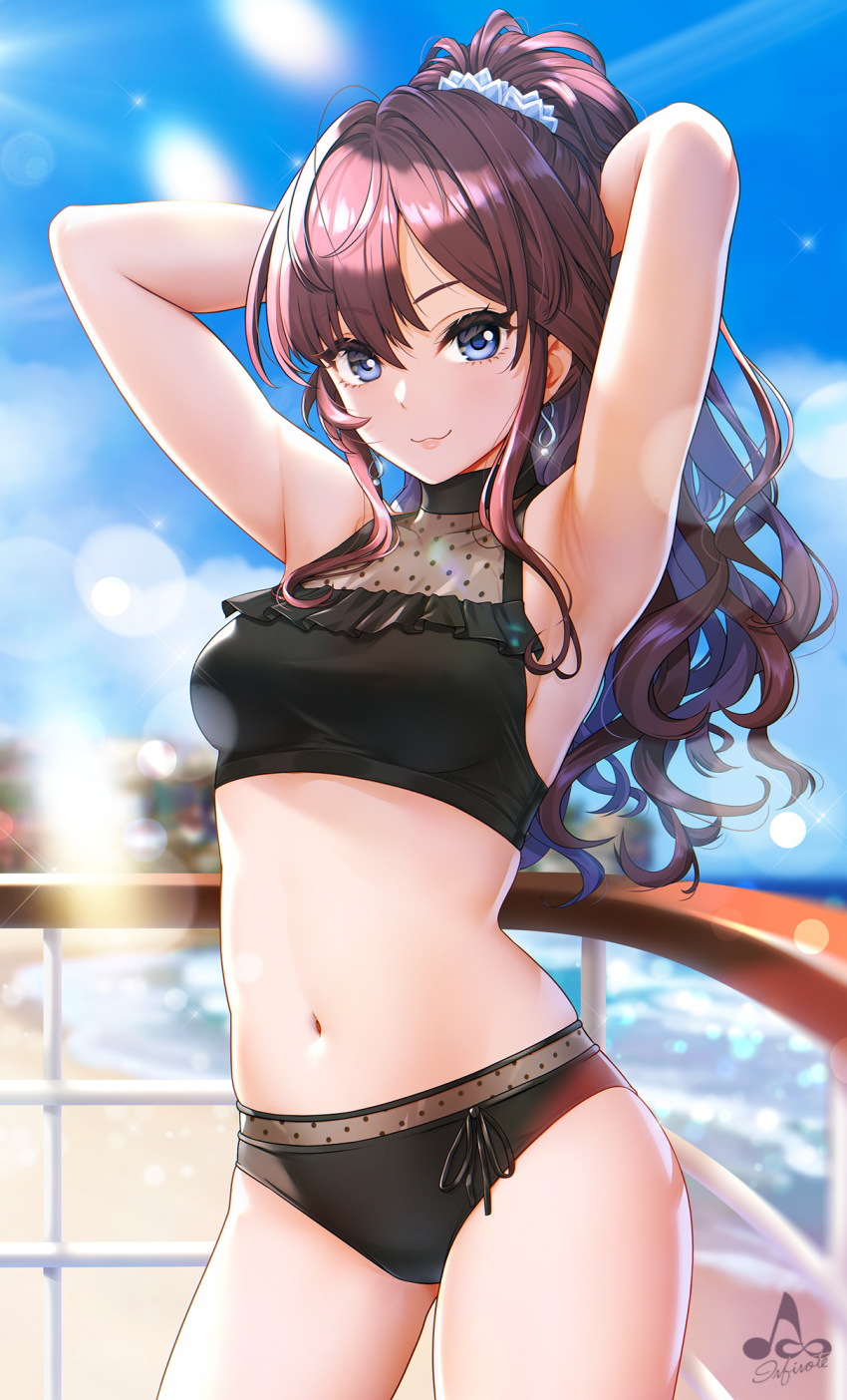 1girl :3 ahoge armpits arms_behind_head arms_up artist_logo bangs beach bikini black_bikini blue_eyes blue_sky blush breasts brown_hair closed_mouth cloud day earrings eyebrows_visible_through_hair hair_between_eyes highres ichinose_shiki idolmaster idolmaster_cinderella_girls idolmaster_cinderella_girls_starlight_stage infinote jewelry lips long_hair looking_at_viewer medium_breasts navel outdoors polka_dot see-through signature sky smile solo standing stomach swimsuit water wavy_hair