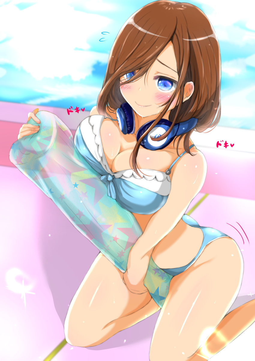 absurdres ass bangs bare_legs between_thighs bikini blue_bikini blue_eyes breast_press breasts brown_hair cleavage closed_mouth commentary_request feet_out_of_frame go-toubun_no_hanayome hair_over_one_eye headphones headphones_around_neck highres inflatable_toy kneeling large_breasts nakano_miku ninyo_(user_pddg5877) pool poolside sidelocks smile straddling summer sweatdrop swimsuit thighs