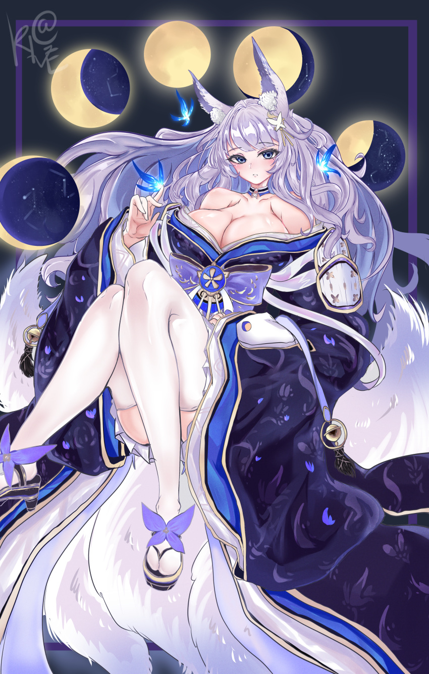 1girl absurdres animal_ear_fluff animal_ears azur_lane bare_shoulders blue_butterfly blue_choker blue_eyes blue_kimono breasts choker fox_ears full_body hair_between_eyes highres huge_filesize japanese_clothes kimono kitsune kive large_breasts long_hair moon multiple_tails off-shoulder_kimono shinano_(azur_lane) solo tail thighhighs very_long_hair white_hair white_legwear white_tail wide_sleeves