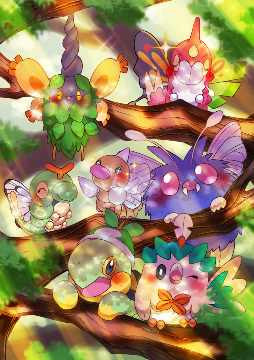 +_+ absurdres antennae blush burmy caterpie commentary_request crying fangs gen_1_pokemon gen_3_pokemon gen_4_pokemon gen_7_pokemon highres light_beam one_eye_closed open_mouth pokemon pokemon_(creature) rowlet sparkle standing taisa_(lovemokunae) tears tongue tree turtwig venonat weedle wurmple