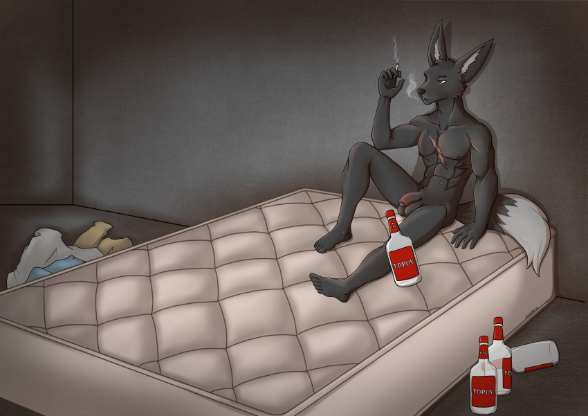5_toes abs absurd_res alcohol anthro balls barefoot beverage black_body black_fur bottle canid canine casual_nudity cigarette cigarette_smoke clothing d'zosh_(ccwoah) desolate feet fennec flaccid fox fur genitals green_eyes hi_res humanoid_feet humanoid_genitalia humanoid_penis kingrein male mammal mattress muscular muscular_anthro muscular_male nipples nude pecs penis popov scar size_difference smaller_male smoking solo toes vodka