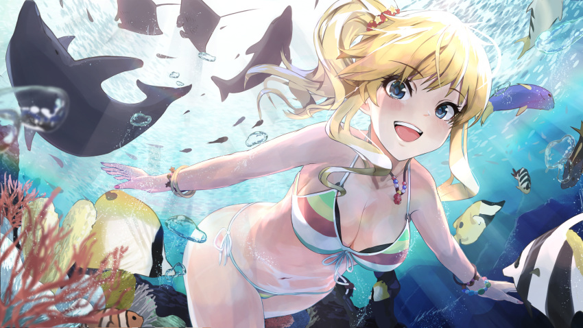 1girl :d air_bubble bead_necklace beads bikini blonde_hair blue_eyes blush bracelet breasts bubble cleavage coral dolphin eyebrows_visible_through_hair fish gyaru hair_tie highres idolmaster idolmaster_cinderella_girls jewelry large_breasts layered_bikini nail_polish necklace ootsuki_yui open_mouth side-tie_bikini side_ponytail smile striped striped_bikini swimming swimsuit underwater wide_hips yanasan_0873