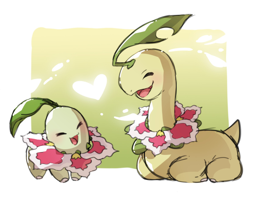 bayleef blush chikorita closed_eyes closed_mouth commentary_request cosplay gen_2_pokemon heart highres lying meganium meganium_(cosplay) no_humans on_stomach open_mouth pokemon pokemon_(creature) smile standing starter_pokemon taisa_(lovemokunae) tongue