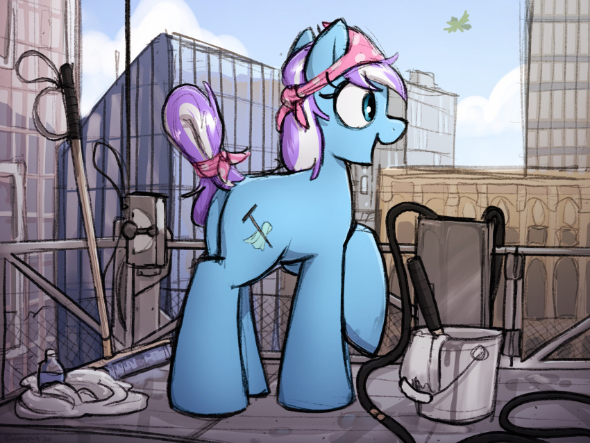 2020 4:3 absurd_res ambiguous_gender blue_eyes bottle bucket building city cloud cutie_mark day detailed_background earth_pony equid equine fan_character feral hasbro hi_res horse mammal my_little_pony open_mouth pony selenophile side_view signature