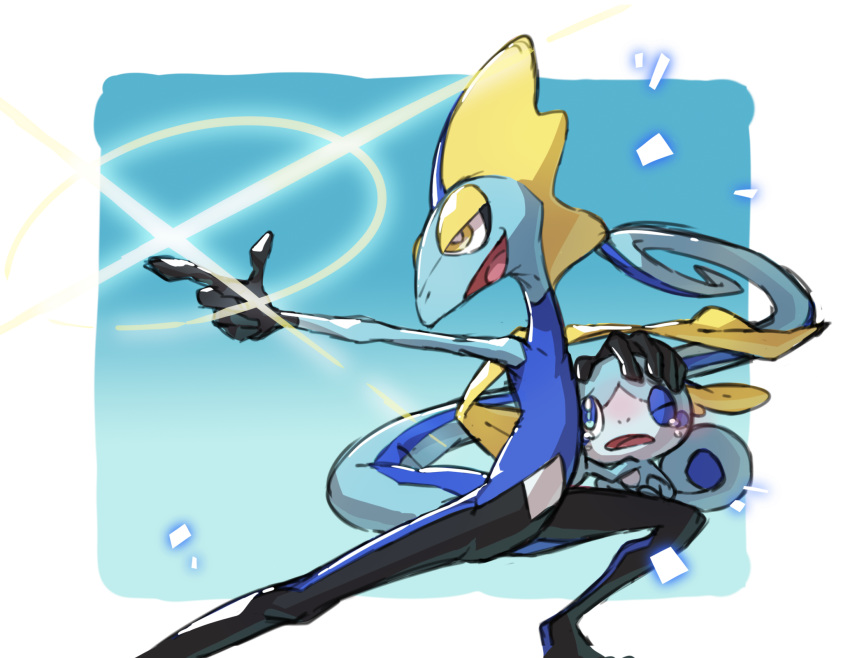 blue_eyes commentary_request gen_8_pokemon hand_on_another's_head highres inteleon legs_apart looking_up no_humans one_eye_closed open_mouth pointing pokemon pokemon_(creature) pokemon_on_leg sobble squatting starter_pokemon taisa_(lovemokunae) tearing_up tongue yellow_eyes