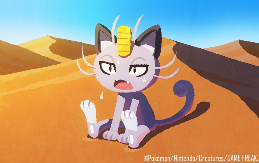 alolan_form alolan_meowth cat commentary_request copyright_name dated day desert fangs gen_7_pokemon hot hyogonosuke no_humans official_art open_mouth outdoors pokemon pokemon_trading_card_game sand sitting sky sweat tongue watermark