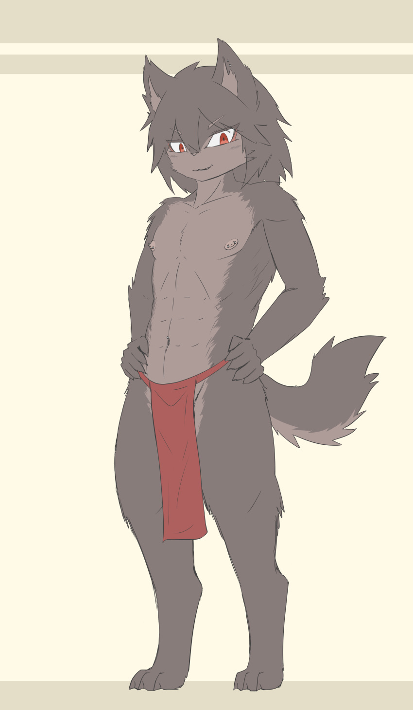 absurd_res athletic athletic_feral athletic_male brown_body brown_fur canid clothed clothing ear_piercing feral fur hand_on_hip hi_res kiukiu loincloth male mammal navel navel_piercing nipple_piercing nipples piercing red_eyes smile smirk solo topless