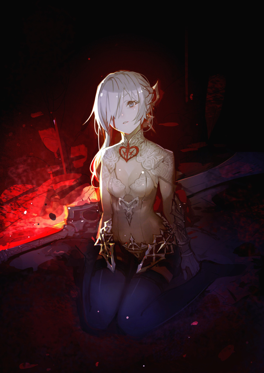 1girl absurdres armor bleeding blood blood_on_face bloody_hair blue_eyes breasts cleavage cleavage_cutout dark embers gloves hair_over_one_eye highres long_hair parted_lips sinoalice sitting snow_white_(sinoalice) solo sword thighhighs unti_no_azi wariza weapon white_hair