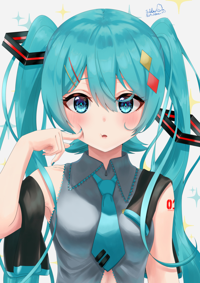 1girl :o absurdres aqua_eyes aqua_hair arm_up blue_eyes blue_nails blue_neckwear cheek_poking commentary detached_sleeves eyebrows_visible_through_hair grey_shirt hair_between_eyes hair_ornament hairclip hatsune_miku highres long_hair looking_at_viewer nail_polish necktie open_mouth poking poking_self shirt simple_background sleeveless sleeveless_shirt sleeves_removed solo tatyaoekaki twintails upper_body very_long_hair vocaloid