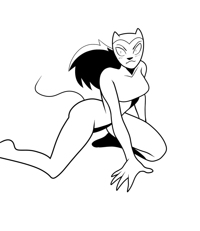 anthro armor black_hair clothing felid feline female galathea hair hi_res long_hair looking_at_viewer lukemgh mammal monochrome simple_background smile