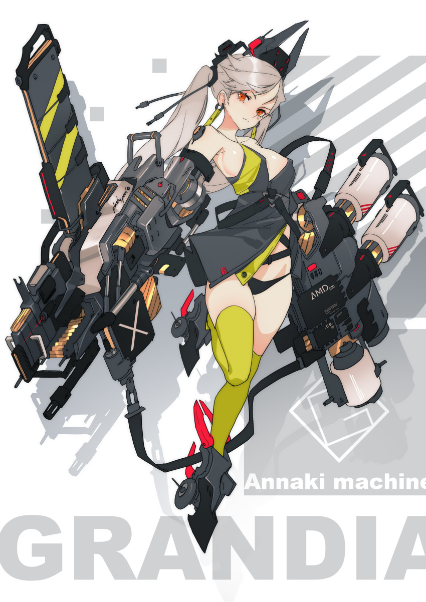 1girl absurdres artist_name background_text bangs black_dress black_headwear black_panties breasts closed_mouth dress earrings english_text frown full_body grandia_lee greaves grey_footwear grey_hair headgear highres holding holding_weapon huge_weapon jewelry leg_up long_hair looking_at_viewer mecha_musume medium_breasts original panties red_eyes shadow short_dress side_cutout skindentation solo standing standing_on_one_leg swept_bangs thighhighs twintails underwear weapon yellow_legwear