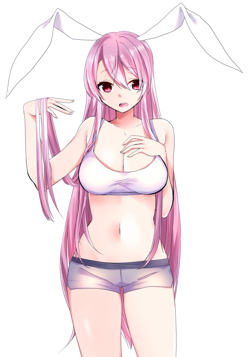 1girl absurdres animal_ears breasts bunny_ears cleavage commentary_request eyebrows_visible_through_hair hand_on_own_chest highres large_breasts light_purple_hair long_hair looking_at_viewer navel open_mouth purple_hair red_eyes reisen_udongein_inaba simple_background solo touhou very_long_hair white_background yukina_(masyumaro610)
