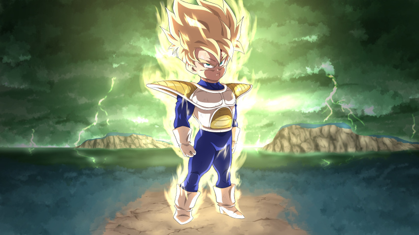 1boy absurdres aura blonde_hair blood blood_on_face bruise_on_face closed_mouth cloud cloudy_sky dragon_ball dragon_ball_z english_commentary full_body gloves green_eyes green_sky highres lightning looking_at_viewer male_focus namek saiyan_armor serious sky solo son_gohan spiked_hair srojam standing super_saiyan super_saiyan_1 what_if white_footwear white_gloves