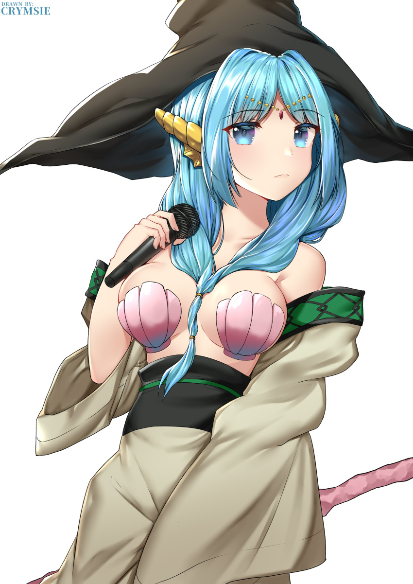 1girl absurdres black_headwear blue_eyes blue_hair breasts cleavage closed_mouth collarbone commission expressionless eyebrows_visible_through_hair hat highres holding holding_microphone large_breasts long_hair long_sleeves looking_at_viewer magi_the_labyrinth_of_magic microphone rachel_bouvier seashell seashell_bra shell solo yamuraiha