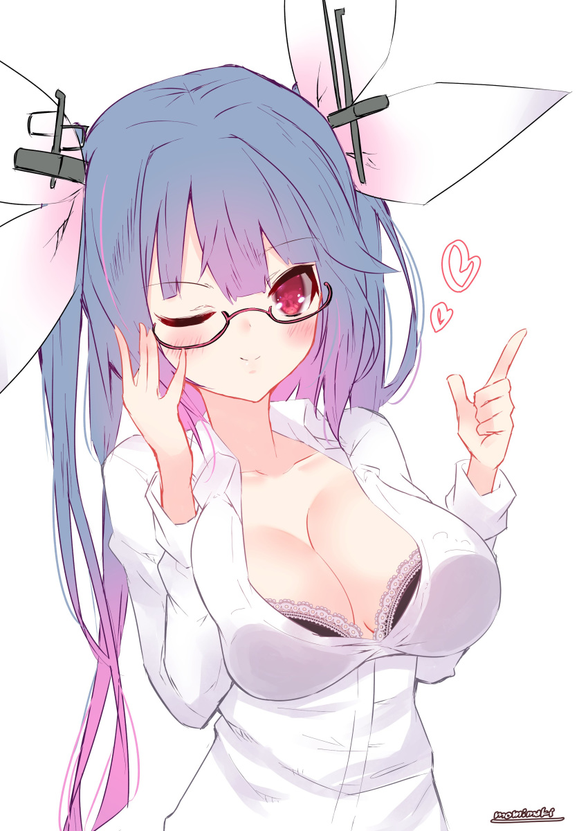 1girl absurdres alternate_costume bespectacled black-framed_eyewear black_bra blue_hair bra breasts cleavage commentary_request dress_shirt frilled_bra frills glasses hair_ribbon highres i-19_(kantai_collection) index_finger_raised kantai_collection long_hair looking_at_viewer momiji_(103) one_eye_closed open_clothes red_eyes ribbon semi-rimless_eyewear shirt simple_background solo tri_tails twintails under-rim_eyewear underwear upper_body white_background white_shirt