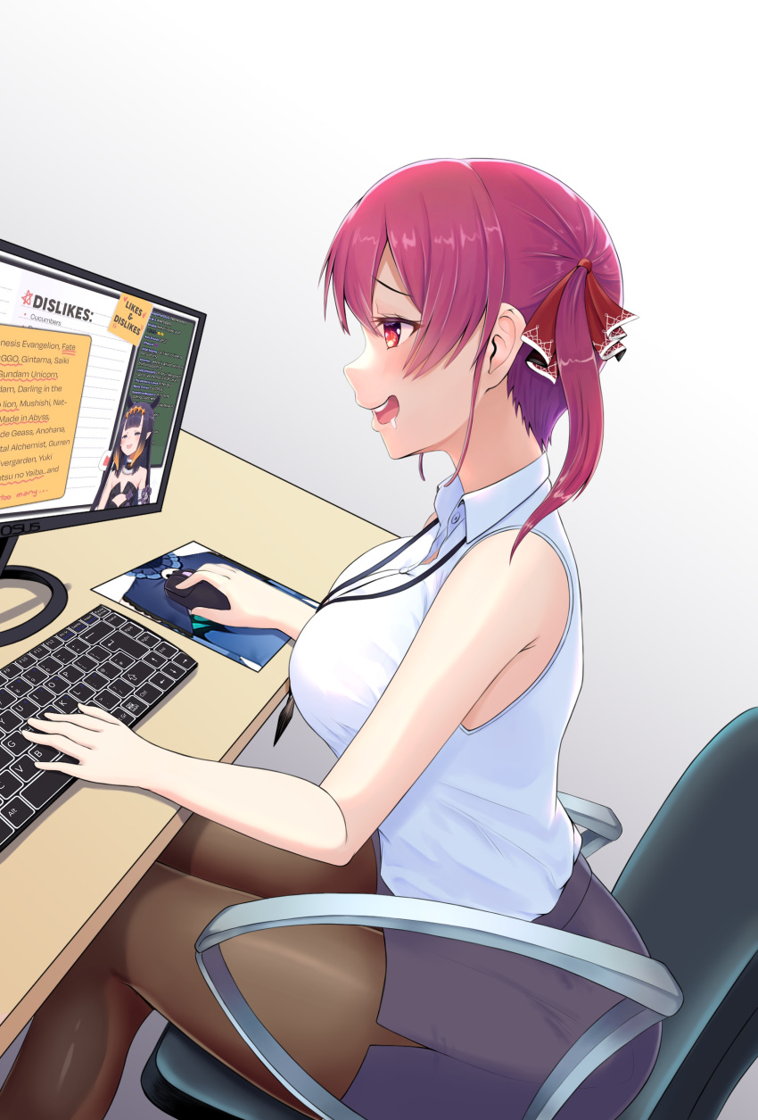 2girls absurdres bangs bare_arms bare_shoulders black_skirt breasts brown_legwear chair computer drooling dutch_angle from_side gradient gradient_background grey_background hair_ribbon highres hololive houshou_marine keyboard_(computer) leaning_forward miniskirt monitor mouse_(computer) multiple_girls neho-kun ninomae_ina'nis office_chair open_mouth pantyhose pencil_dress pencil_skirt profile red_eyes red_hair red_ribbon ribbon saliva shirt sitting skirt sleeveless sleeveless_shirt smile solo_focus twintails upper_teeth virtual_youtuber white_shirt