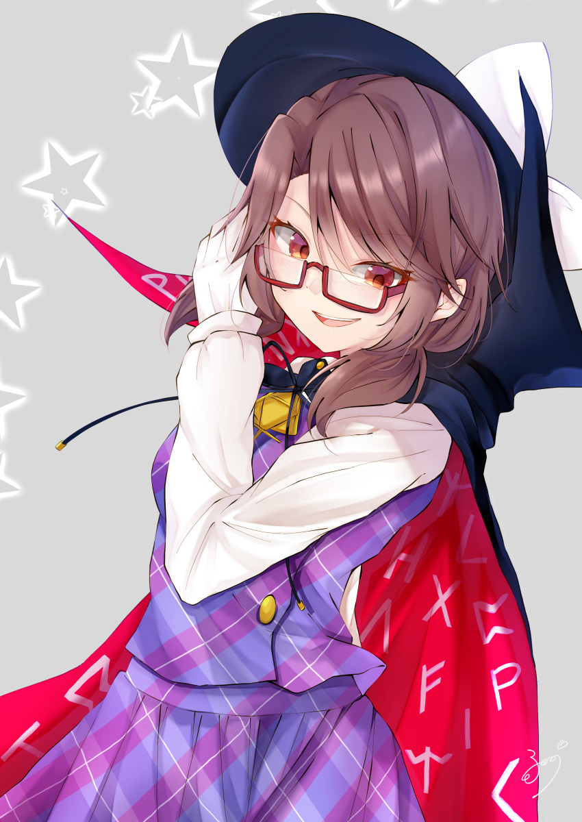 1girl absurdres brown_hair capelet cloak fedora glasses gloves grey_background hat highres looking_at_viewer school_uniform solanikieru star_(symbol) touhou usami_sumireko white_gloves