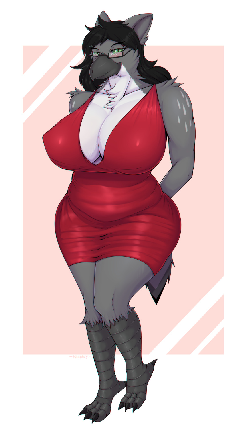 2020 absurd_res anthro avery_quinn avian beak big_breasts bird blush breasts clothing dress eyewear falcon falconid female glasses green_eyes gyrfalcon hair harnny hi_res huge_breasts non-mammal_breasts slightly_chubby solo talons