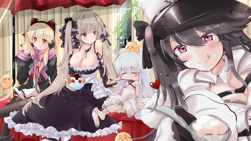 azur_lane bangs black_hair blonde_hair breasts cat_ear_headphones chibi cleavage commentary_request concord_(azur_lane) dress eyebrows_visible_through_hair food formidable_(azur_lane) hair_between_eyes hat headphones large_breasts le_malin_(azur_lane) long_hair long_sleeves looking_at_viewer manjuu_(azur_lane) pamiat_merkuria_(azur_lane) purple_eyes red_eyes ribbon skirt smile tonchinkan twintails very_long_hair