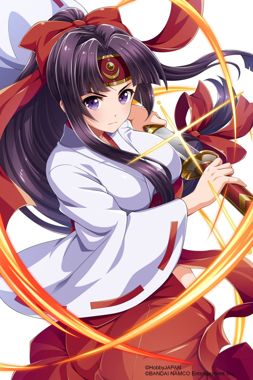 1girl bangs black_hair bow breasts closed_mouth eyebrows_visible_through_hair hair_bow hair_ribbon hakama headband highres hip_vent holding holding_sword holding_weapon japanese_clothes large_breasts long_hair long_sleeves looking_at_viewer low-tied_long_hair miko official_art parted_bangs ponytail purple_eyes queen's_blade queen's_blade_unlimited queen's_blade_white_triangle red_hakama ribbon ribbon-trimmed_sleeves ribbon_trim sheath sidelocks solo sword tomoe unsheathing weapon