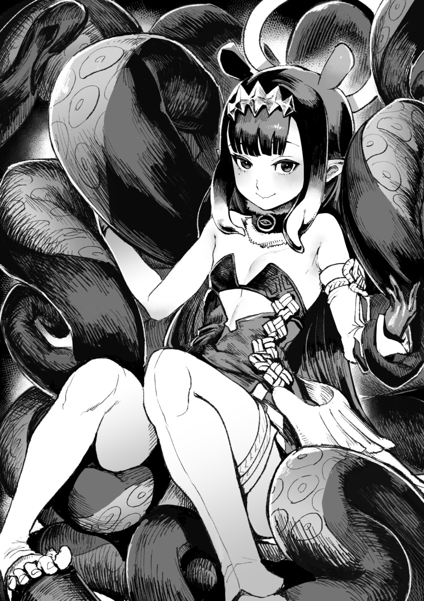 1girl bangs blunt_bangs breasts gesogeso highres hololive hololive_english monochrome ninomae_ina'nis sidelocks small_breasts solo tentacles toes
