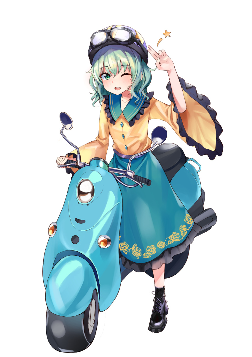 1girl absurdres arm_up boots collared_shirt cross-laced_footwear floral_print frilled_shirt_collar frilled_skirt frilled_sleeves frills goggles goggles_on_headwear green_eyes green_hair green_skirt ground_vehicle helmet highres komeiji_koishi lace-up_boots long_sleeves looking_at_viewer medium_hair medium_skirt motor_vehicle one_eye_closed open_mouth satori_(pixiv) scooter shirt simple_background skirt smile solo star_(symbol) touhou v wavy_hair white_background wide_sleeves yellow_shirt