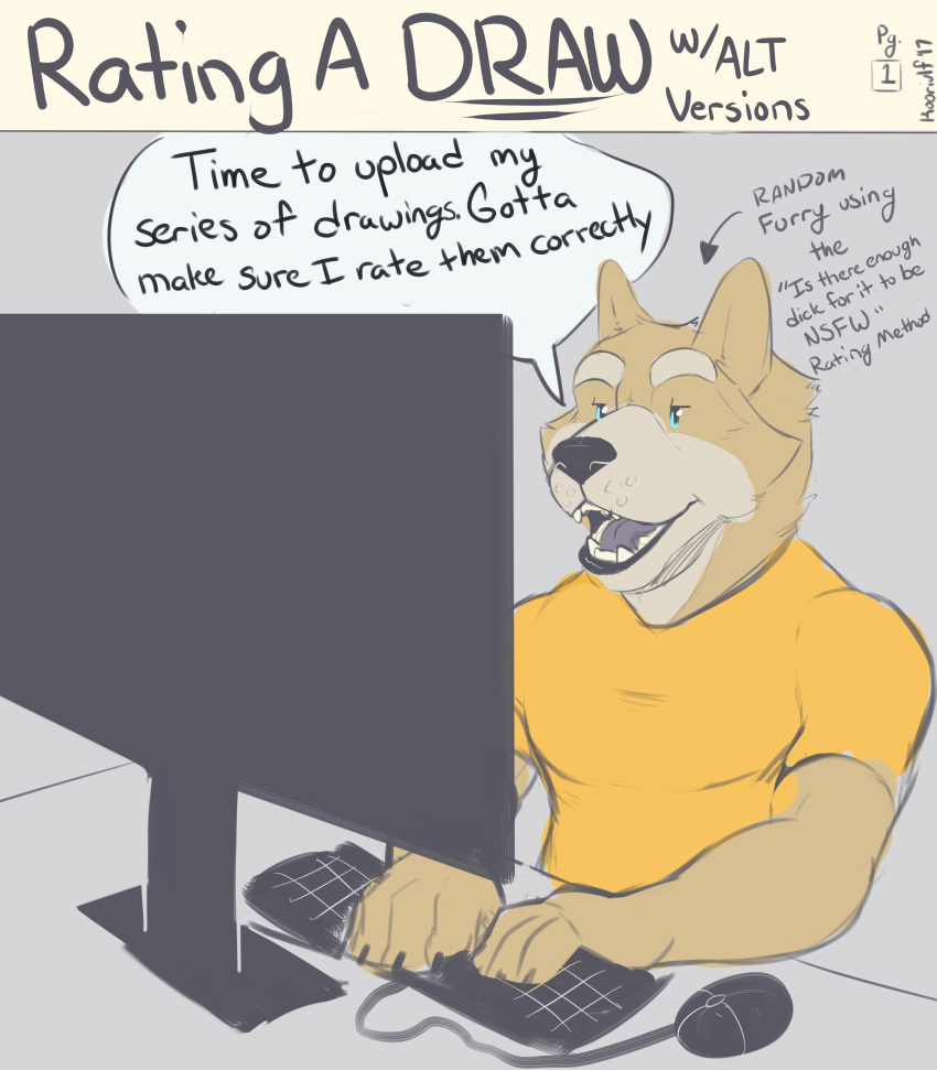 2017 absurd_res anthro blue_eyes canid canine canis clothed clothing comic dialogue digital_media_(artwork) domestic_dog english_text fur genitals hi_res keyboard koorivlf male mammal monitor open_mouth simple_background solo text