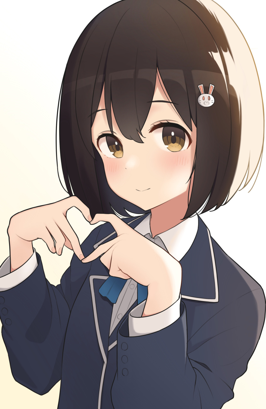 1girl 1ssakawaguchi absurdres bangs black_jacket blue_bow blush bow brown_eyes brown_hair bunny_hair_ornament closed_mouth collared_shirt commentary_request face gradient gradient_background hair_ornament hands_up heart heart_hands highres jacket kono_bijutsubu_niwa_mondai_ga_aru! layered_sleeves long_sleeves looking_at_viewer school_uniform shirt short_hair smile solo upper_body usami_mizuki white_background white_shirt yellow_background