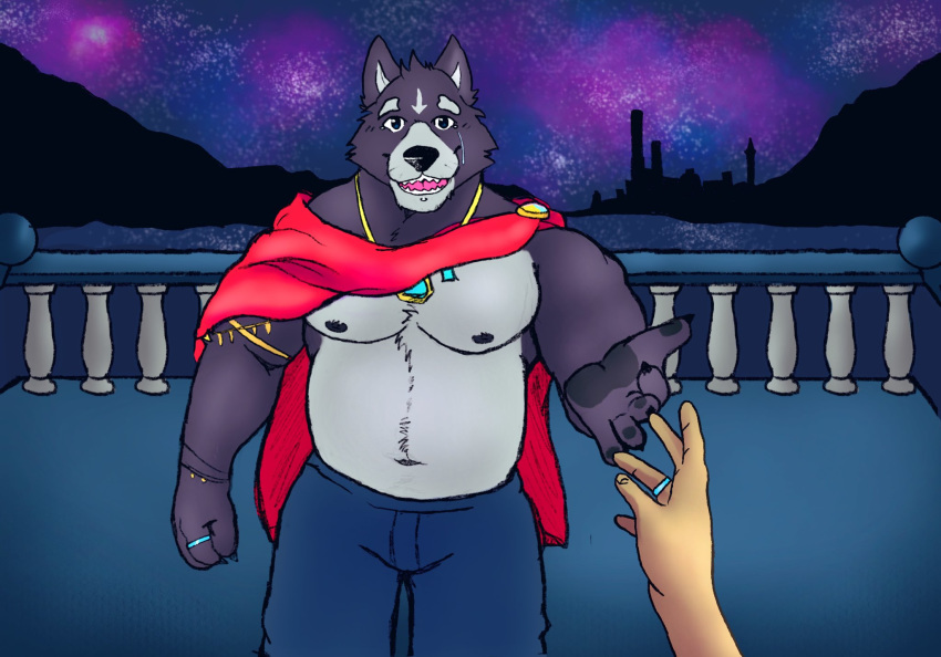 2020 adastra amicus_(adastra) anthro balcony biceps black_body black_fur black_nipples blue_eyes bodily_fluids bottomwear canid canine canis cape claws clothed clothing countershading crying digit_ring digital_media_(artwork) duo echo_project fangs fur grey_body grey_fur happy hi_res human jewelry lake looking_at_viewer male mammal marco_(adastra) married_couple multicolored_body multicolored_fur musclegut muscular muscular_male navel necklace night nipples pants pecs pkdreemurr ring sky smile solo_focus space star tears tears_of_joy topless two_tone_body two_tone_fur video_games visual_novel wedding_ring wolf