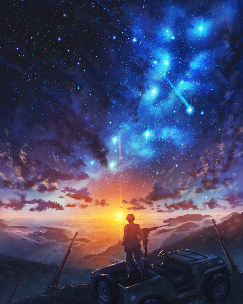 1boy absurdres bare_arms bare_shoulders car cloud commentary_request facing_away ground_vehicle gun hat highres horizon kenzo_093 machine_gun male_focus military_hat milky_way motor_vehicle night night_sky ocean on_vehicle original scenery shooting_star sky solo standing star_(sky) starry_sky sunset water weapon