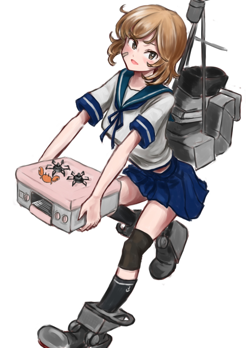1girl bandaid bandaid_on_face black_legwear blush brown_eyes brown_hair commentary crab highres holding holding_stove kantai_collection knee_pads leg_up machinery oboro_(kantai_collection) open_mouth school_uniform serafuku short_hair simple_background smile smokestack socks solo spi_(kugepot) stove white_background