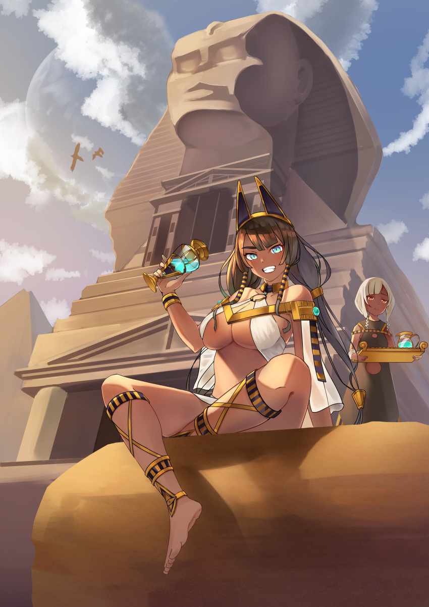 2girls absurdres animal_ears aqua_eyes bare_shoulders barefoot bracelet breasts brown_hair choker commentary_request cup dark_skin drinking_glass egyptian fake_animal_ears fantasy grin hair_tubes highres jewelry large_breasts litimo long_hair looking_at_viewer multiple_girls original pitcher pyramid red_eyes revealing_clothes servant sitting smile sphinx temple tray white_hair
