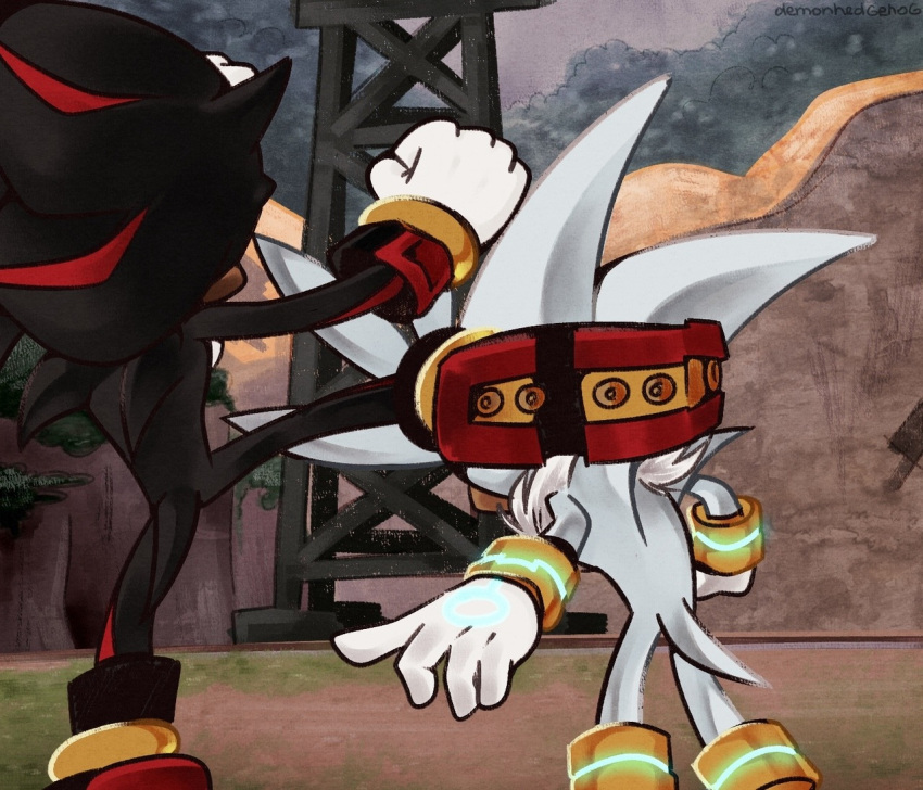 2018 anthro attack biped black_body black_fur clothing demonhedgehog duo eulipotyphlan fist footwear fur gloves grey_body grey_fur handwear hedgehog kick male mammal outside rear_view red_body red_fur redraw shadow_the_hedgehog shoes silver_the_hedgehog sonic_the_hedgehog_(series) white_body white_fur