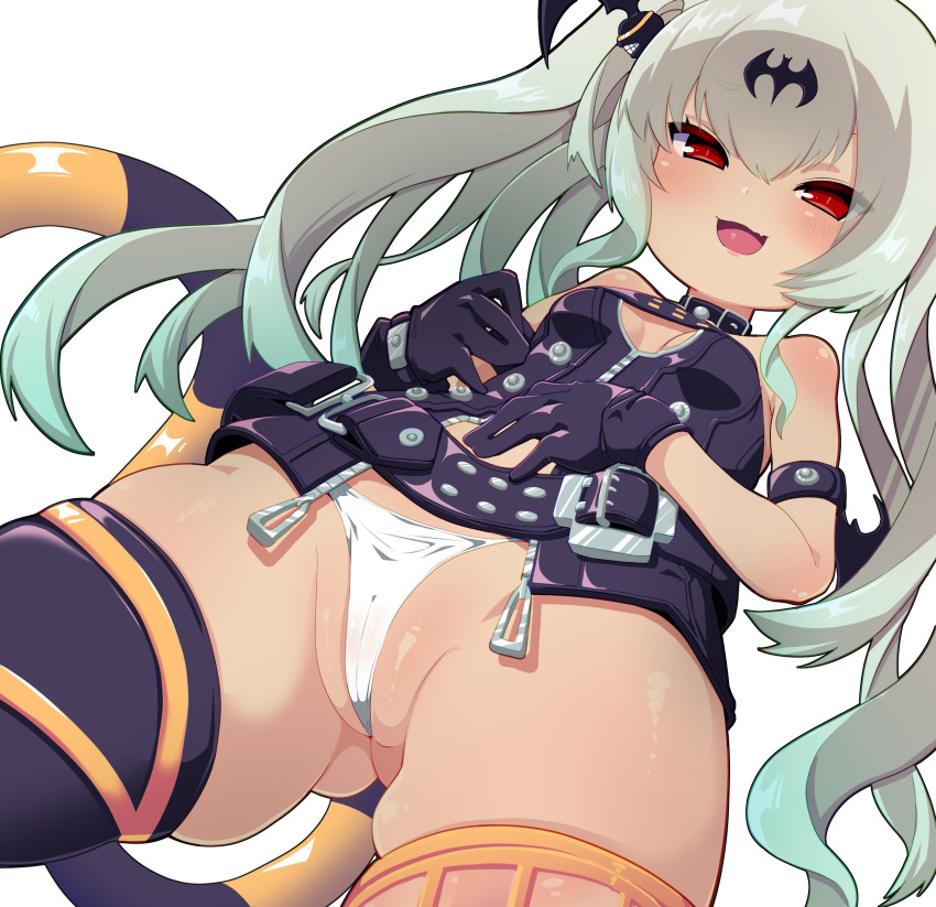 1girl absurdres alice_(queen's_gate) black_legwear breasts cameltoe dutch_angle flamberge_lo from_below highres light_green_hair long_hair looking_at_viewer looking_down nitroplus open_mouth panties partially_visible_vulva queen's_blade queen's_gate red_eyes shiny shiny_hair shiny_skin simple_background single_thighhigh skindentation small_breasts smile solo standing thighhighs thighs underwear white_background white_hair white_panties