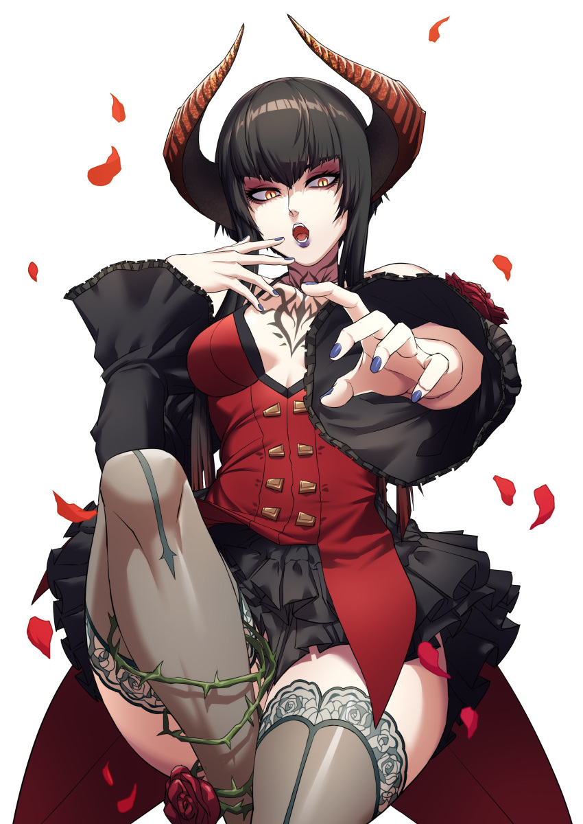 1girl absurdres bangs black_hair black_sleeves breasts chest_tattoo collarbone demon_horns detached_sleeves dress eliza_(tekken) eyeliner flower highres horns houjoh_(7th-heaven) invisible_chair lace lace-trimmed_legwear lipstick looking_at_viewer makeup medium_breasts nail_polish no_bra open_mouth outstretched_arm pale_skin petals plunging_neckline purple_lipstick purple_nails red_dress rose sheer_legwear short_hair_with_long_locks sitting slit_pupils solo spaghetti_strap tattoo tekken tekken_7 thighhighs thighs thorns vampire white_background