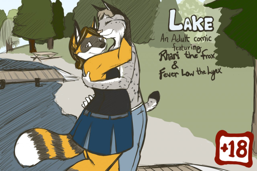 anthro bodily_fluids canid canine clothed clothing comic dock duo english_text felid feline female fever_low forest fox genital_fluids genitals hug hybrid lake lynx male mammal outside procyonid raccoon rhari rhari_(character) romantic_couple text tree