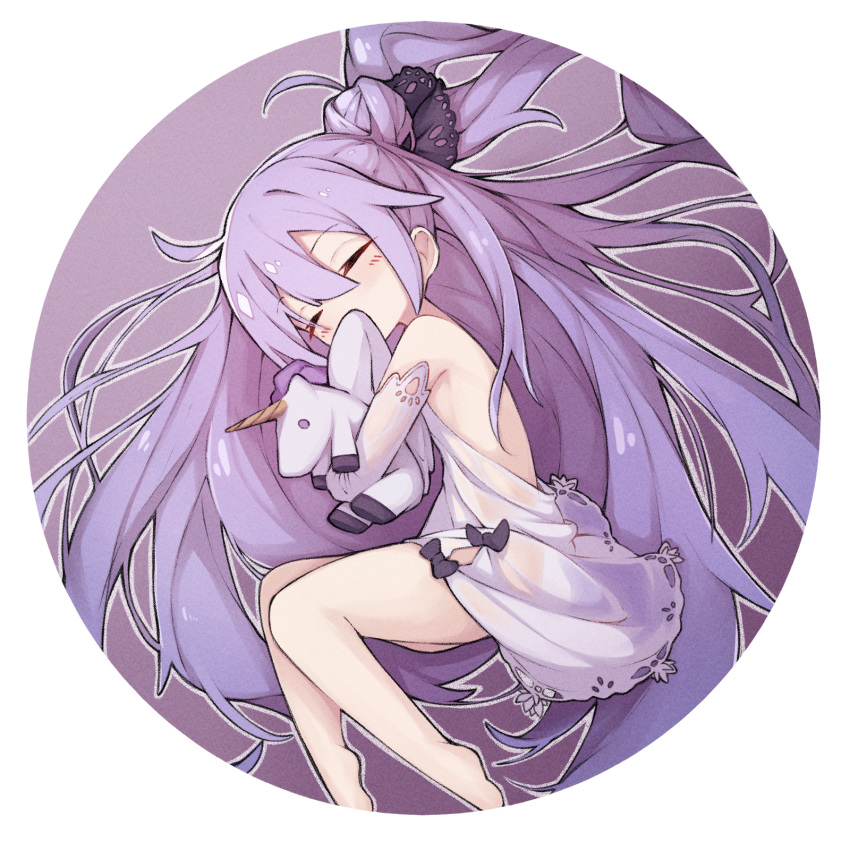 1girl azur_lane bare_back barefoot black_ribbon blush closed_eyes dress hair_ribbon highres holding holding_stuffed_toy legs long_hair lying mmhomm on_side purple_hair ribbon sleeping solo stuffed_animal stuffed_toy stuffed_unicorn unicorn_(azur_lane) very_long_hair white_dress