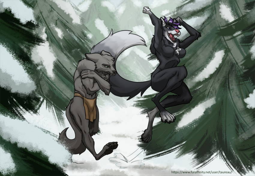2020 anthro arms_above_head barefoot black_body black_fur black_hair breasts canid canine canis clothed clothing crossed_arms digital_media_(artwork) duo ears_down featureless_breasts female forest freezing fur grey_body grey_fur hair head_down jumping kenzie_(roxadelic) loincloth male mammal mostly_nude multicolored_body multicolored_fur multicolored_hair nude pivoted_ears purple_hair pyndan raised_arm snow taureau topless topless_male tree tuft tundra_wolf two_tone_body two_tone_fur two_tone_hair walking white_body white_fur wolf