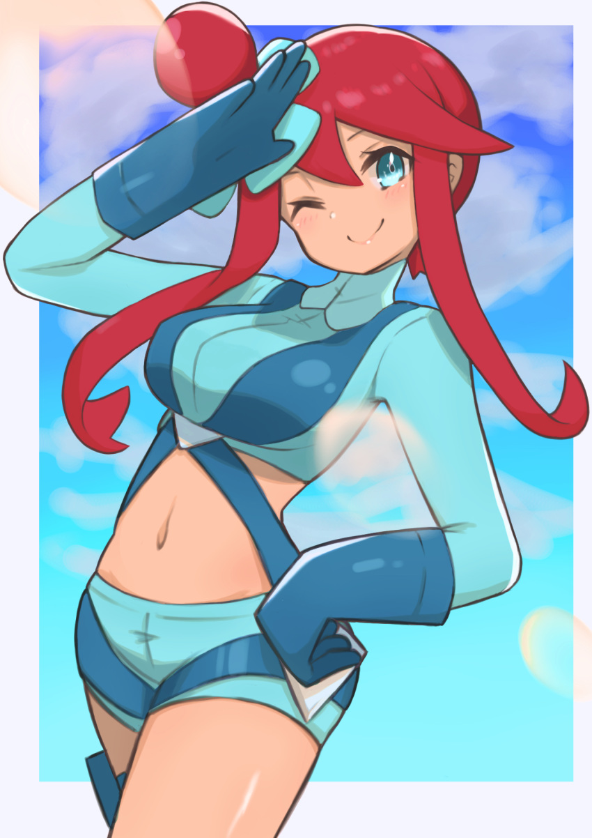 1girl aqua_eyes aqua_shorts blue_gloves blush breasts closed_mouth commentary_request crop_top eyelashes gloves gym_leader hair_ornament hand_on_hip hand_up highres holster long_hair midriff navel nuneno one_eye_closed pokemon pokemon_(game) pokemon_bw red_hair salute short_shorts shorts sidelocks skyla_(pokemon) smile solo